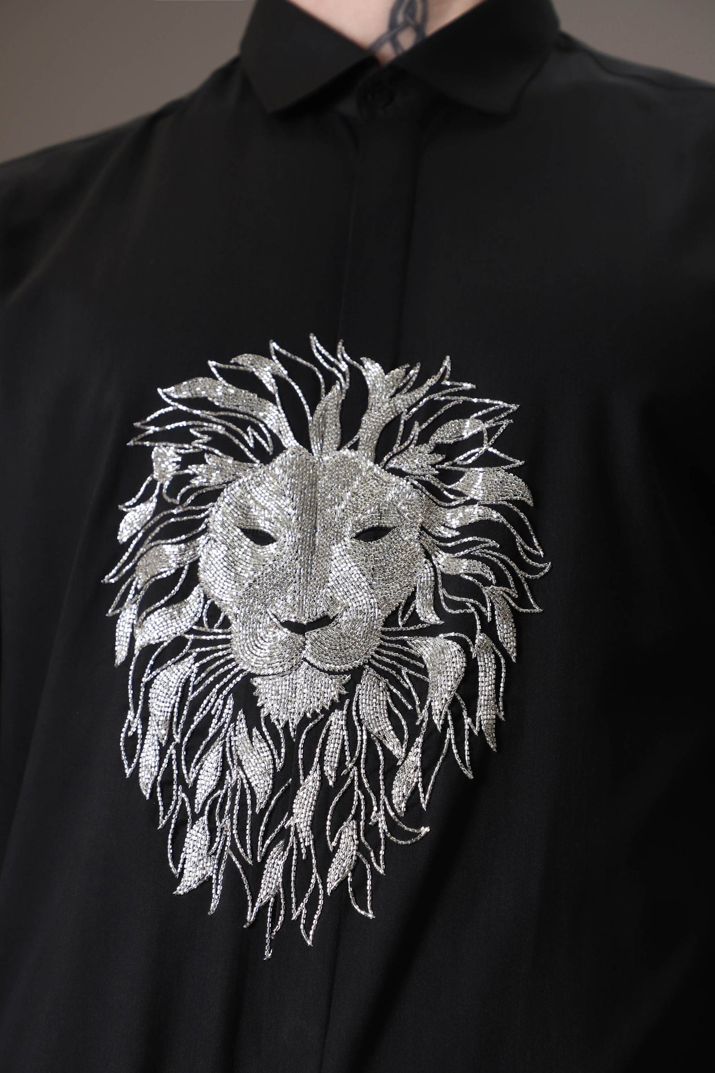 Lion hand embroidered designer shirt - black