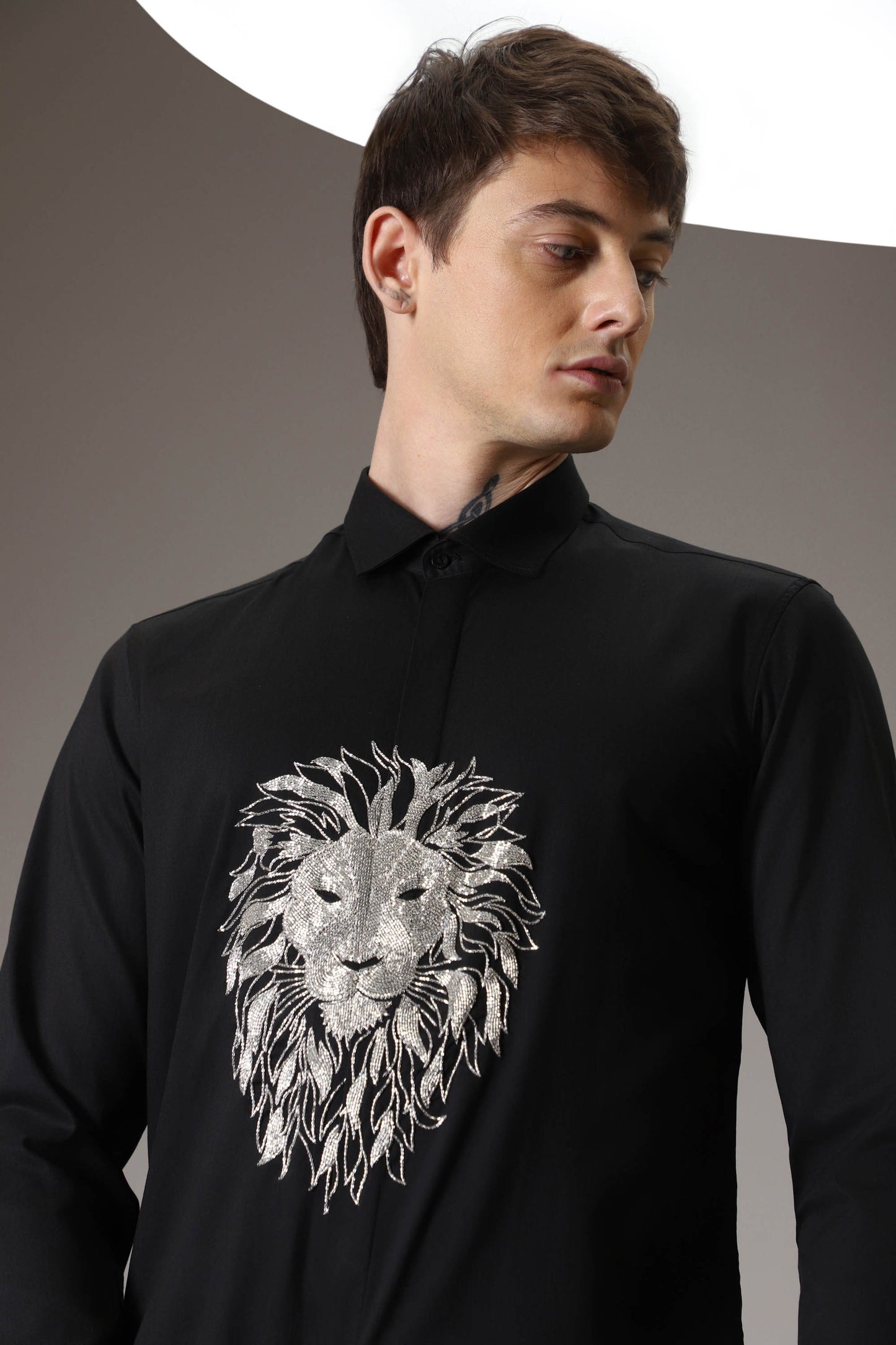 Lion hand embroidered designer shirt - black