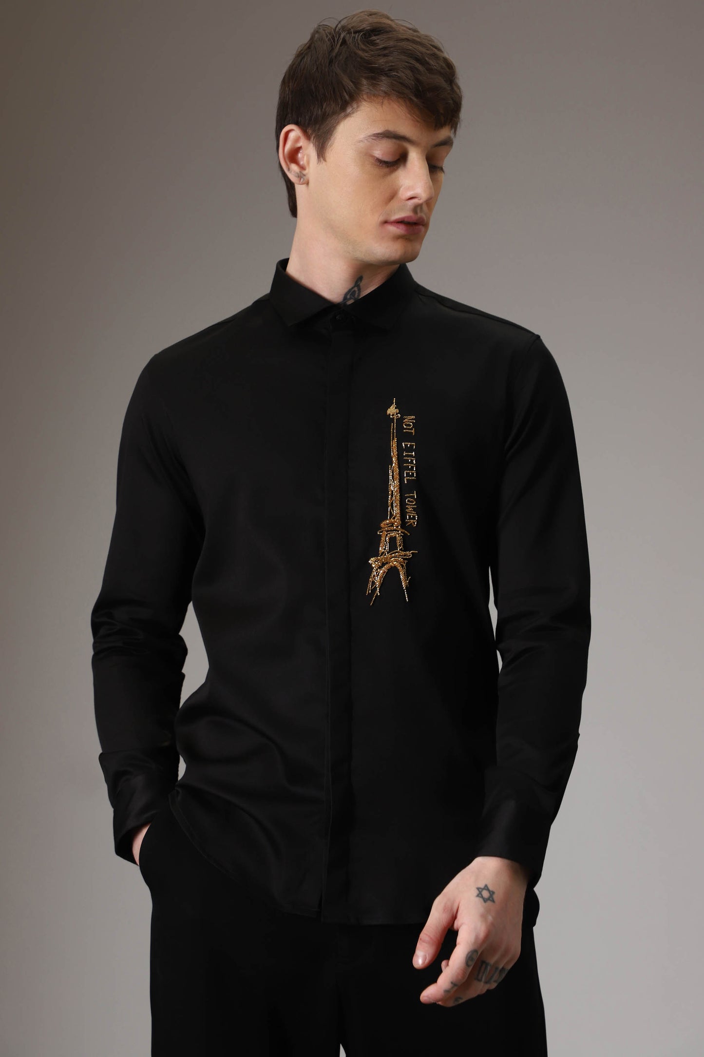 Not Eiffel tower hand embroidered designer shirt - Black