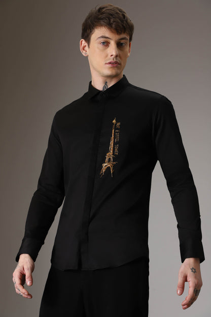 Not Eiffel tower hand embroidered designer shirt - Black