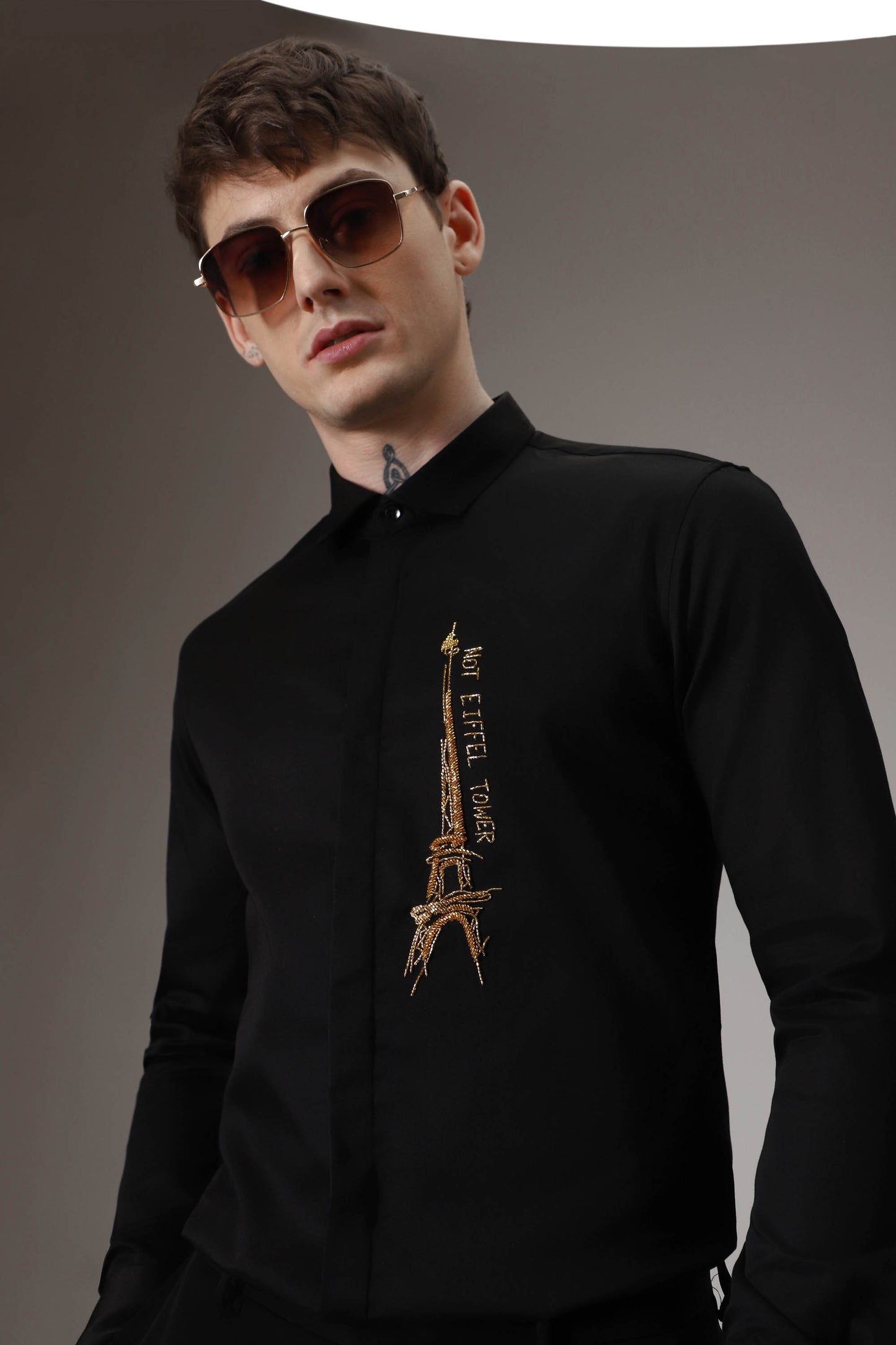 Not Eiffel tower hand embroidered designer shirt - Black