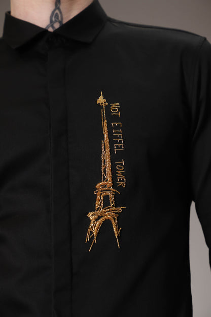 Not Eiffel tower hand embroidered designer shirt - Black