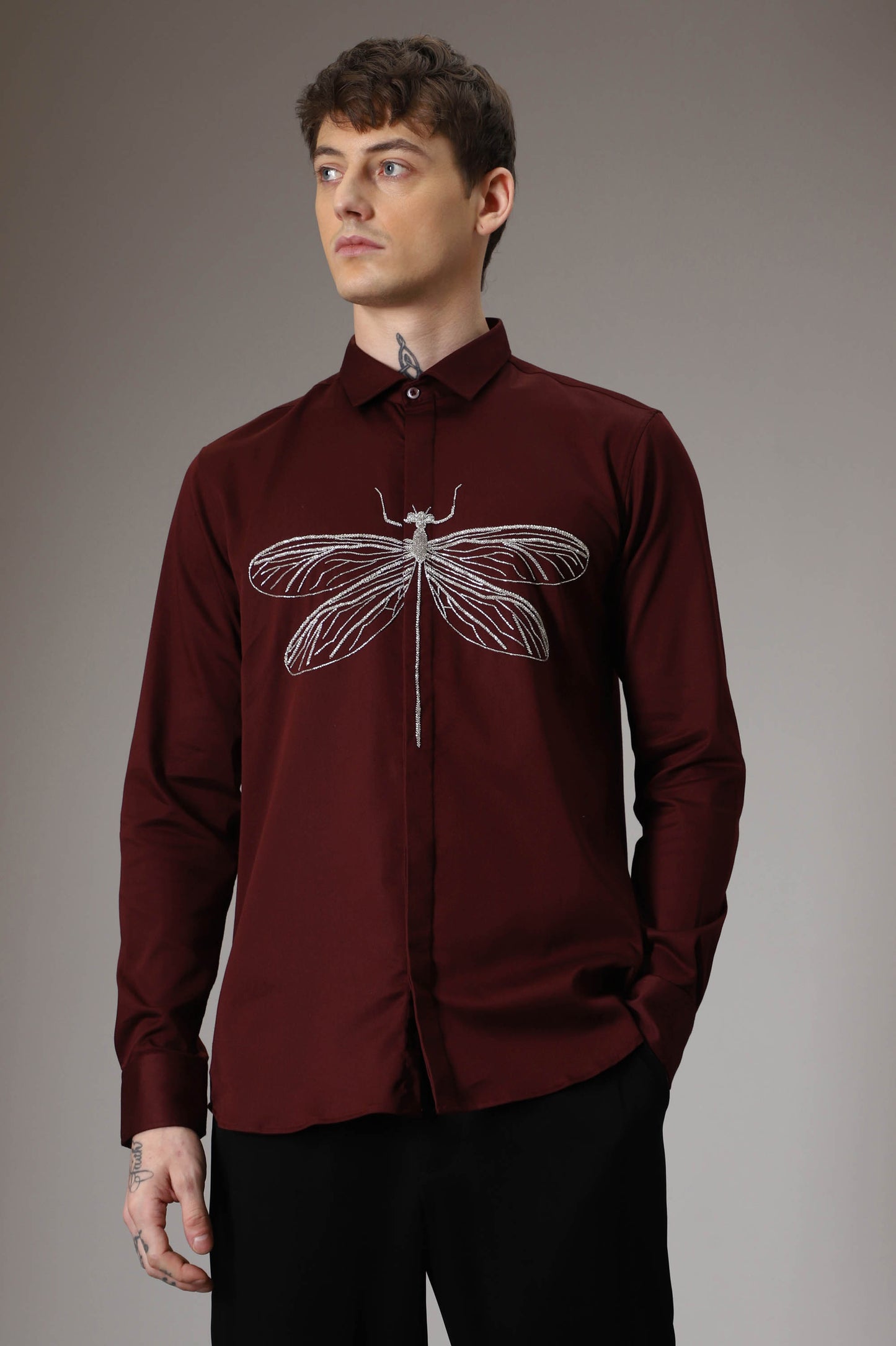 The dragonfly hand embroidered designer shirt - Burgundy