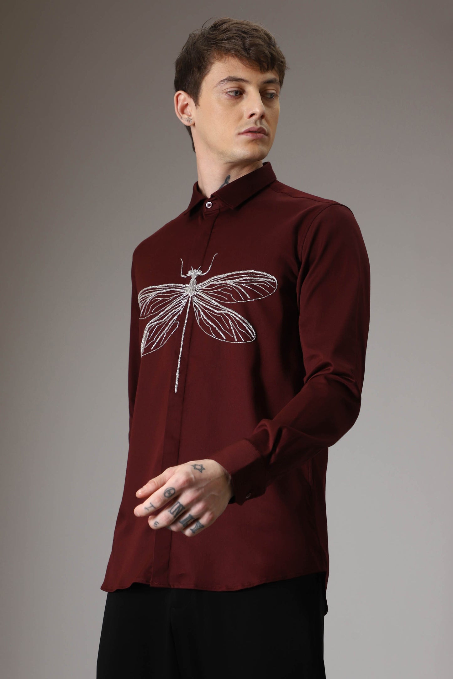 The dragonfly hand embroidered designer shirt - Burgundy