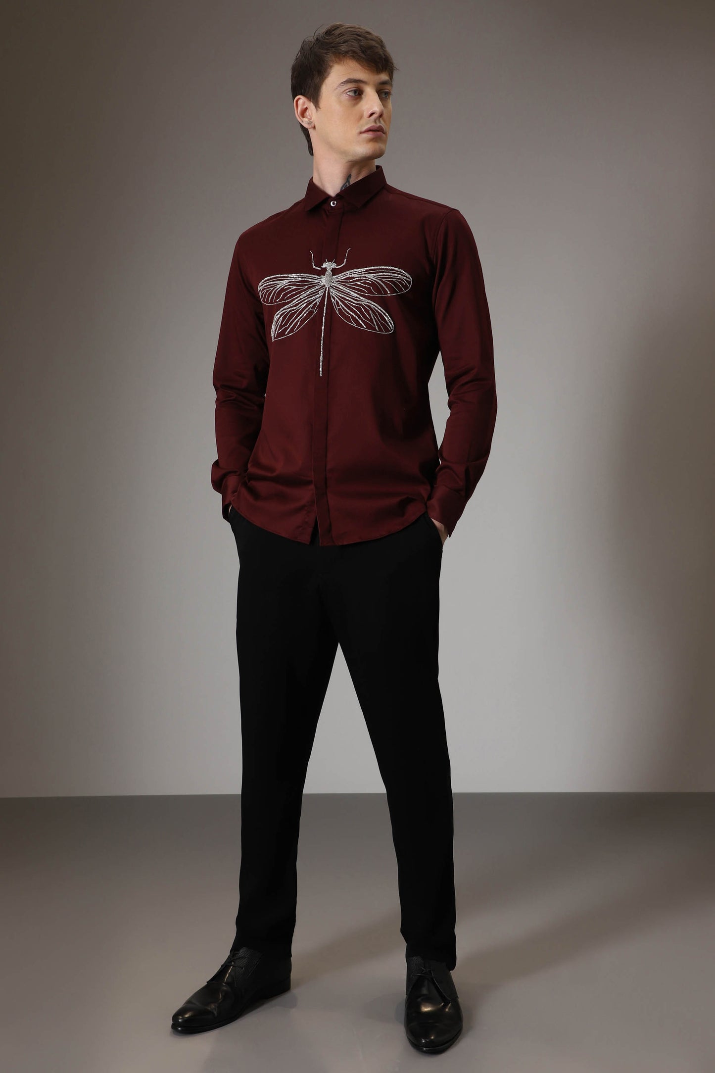 The dragonfly hand embroidered designer shirt - Burgundy