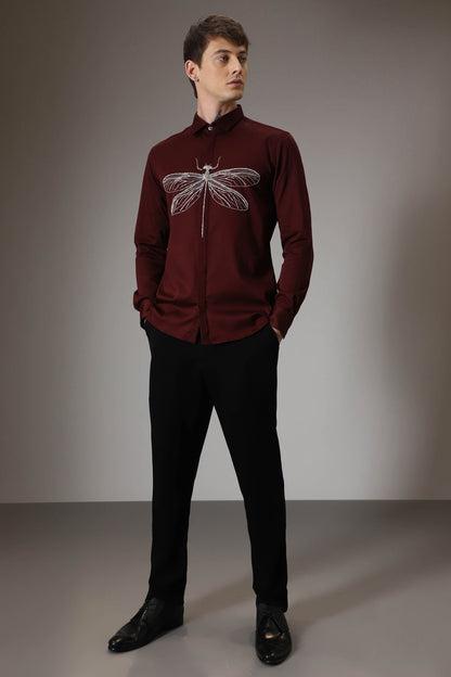 The dragonfly hand embroidered designer shirt - Burgundy