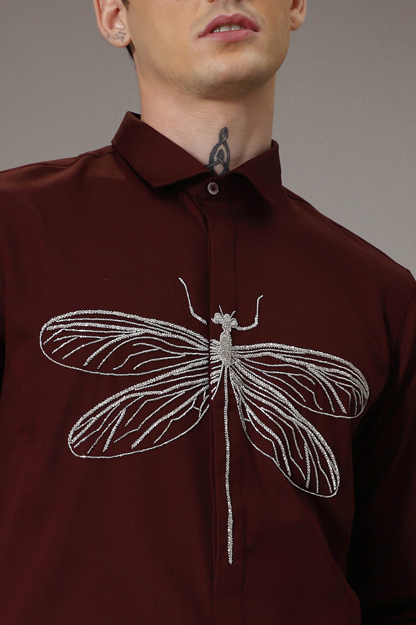 The dragonfly hand embroidered designer shirt - Burgundy