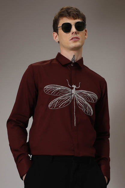 The dragonfly hand embroidered designer shirt - Burgundy