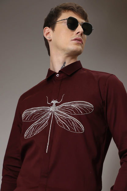 The dragonfly hand embroidered designer shirt - Burgundy