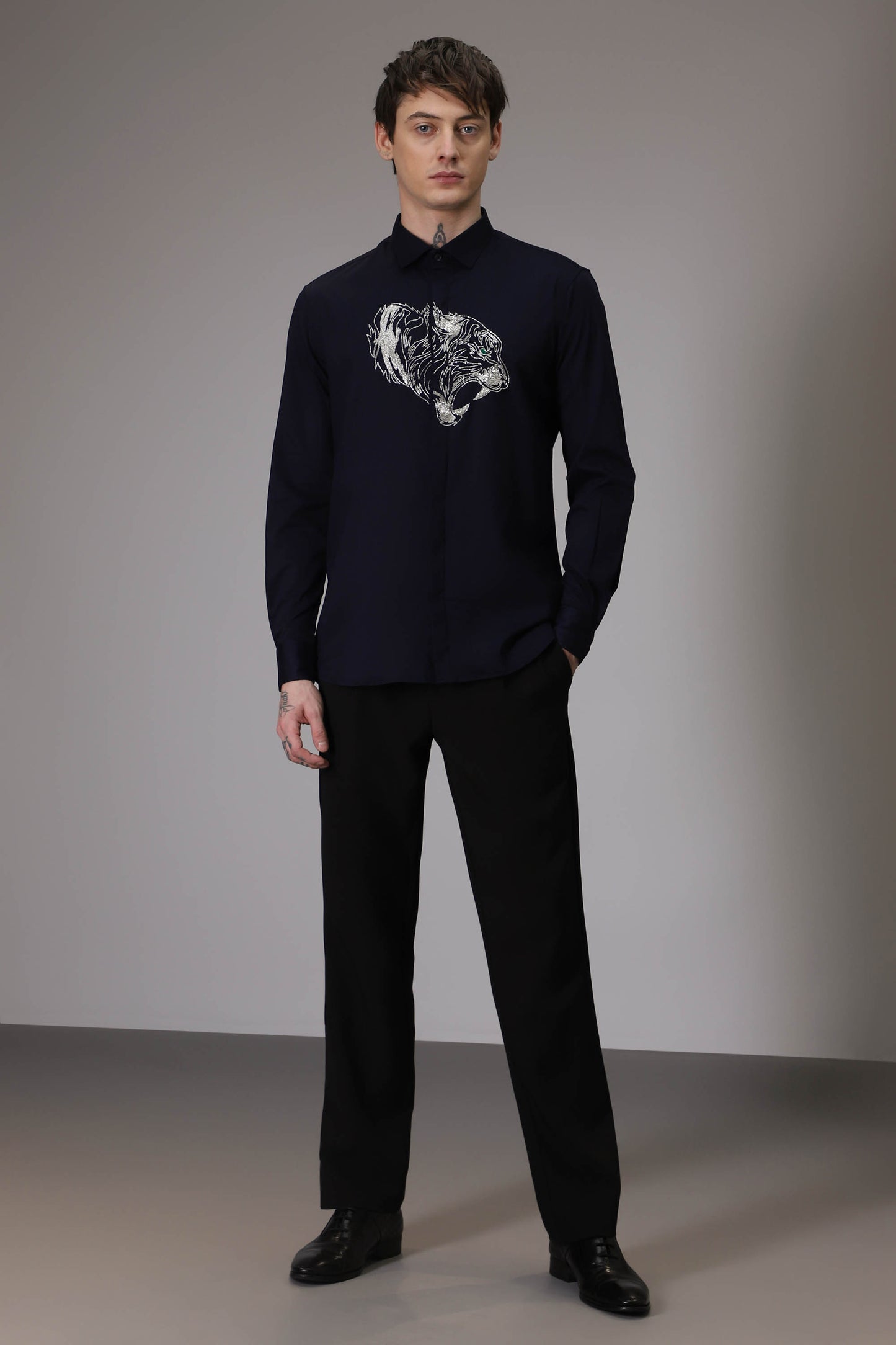 Tiger hand embroidered designer shirt - Navy