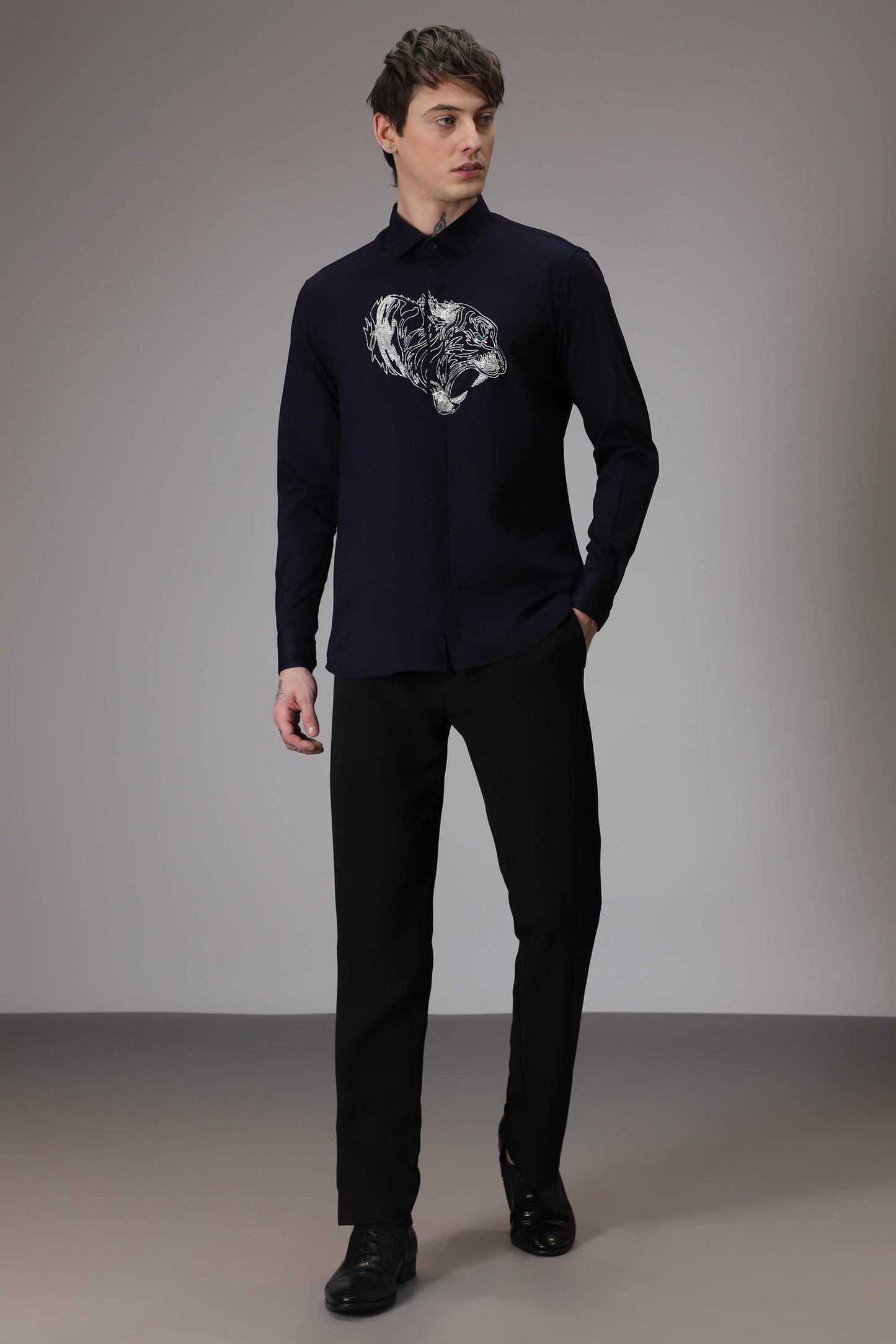 Tiger hand embroidered designer shirt - Navy