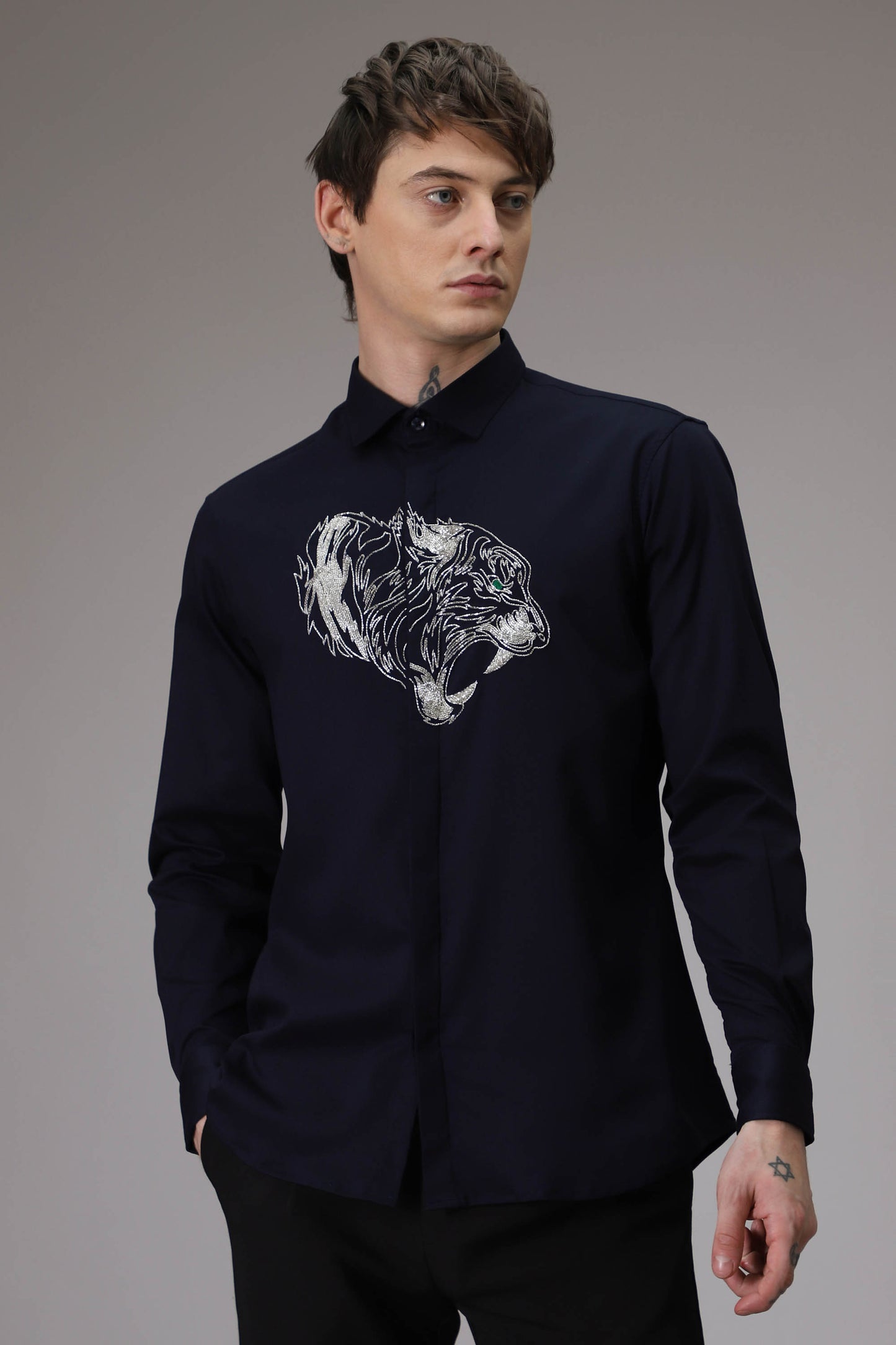 Tiger hand embroidered designer shirt - Navy