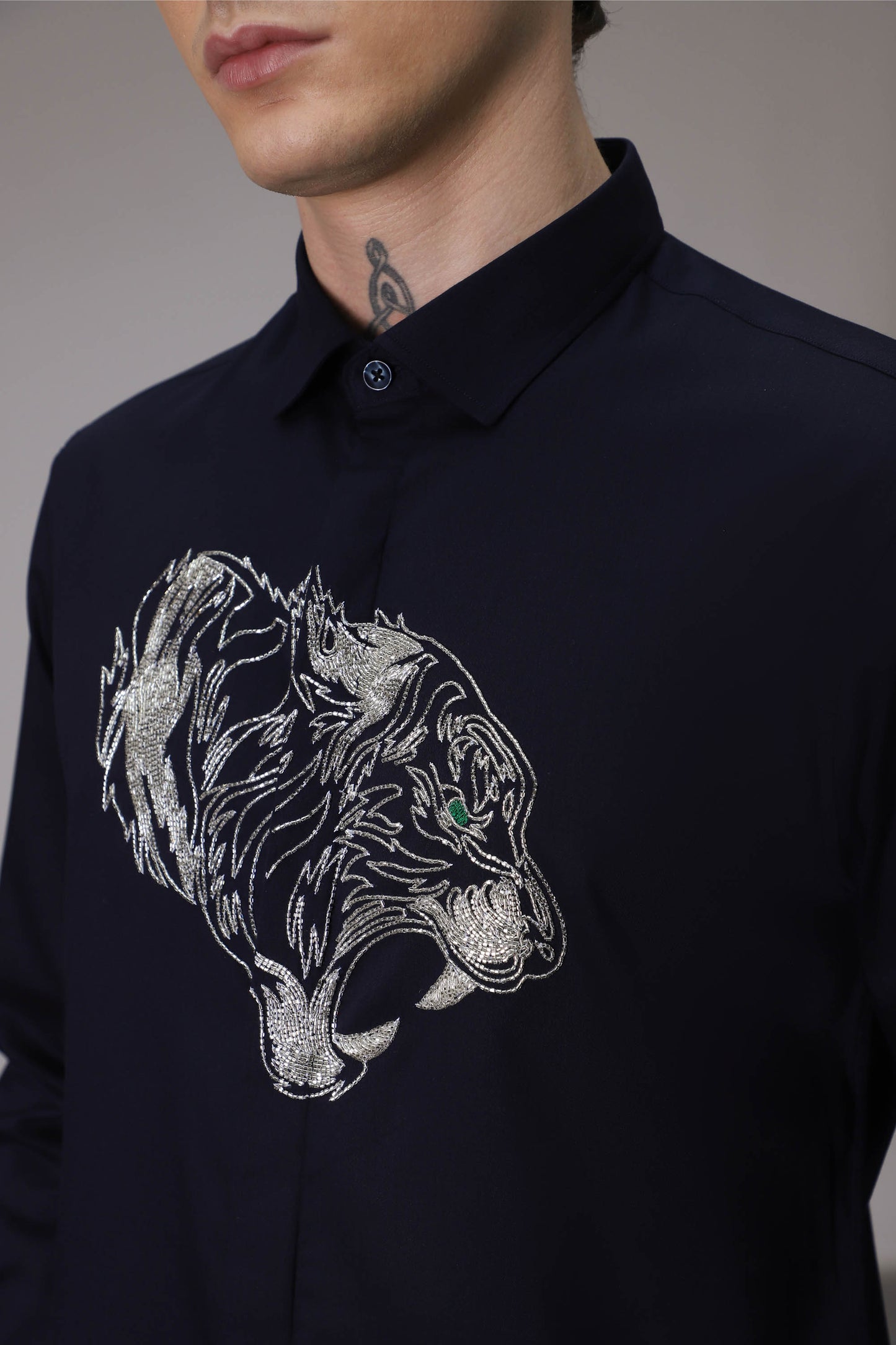 Tiger hand embroidered designer shirt - Navy