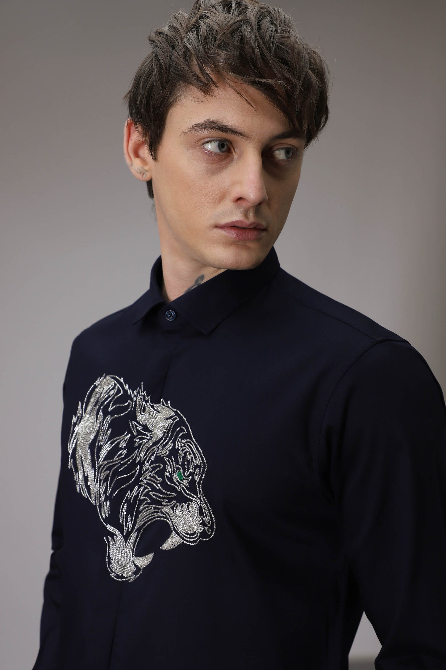 Tiger hand embroidered designer shirt - Navy