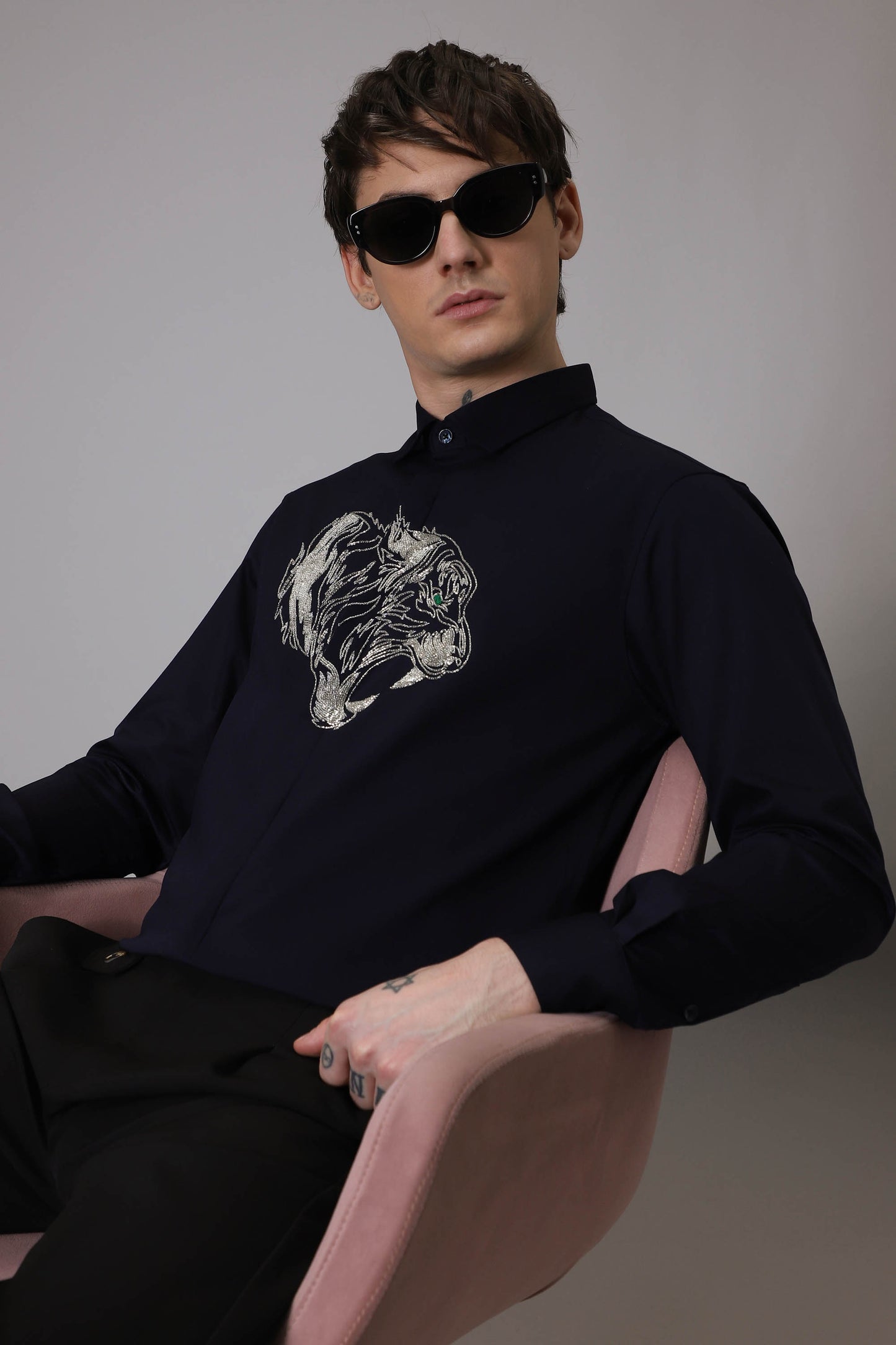 Tiger hand embroidered designer shirt - Navy