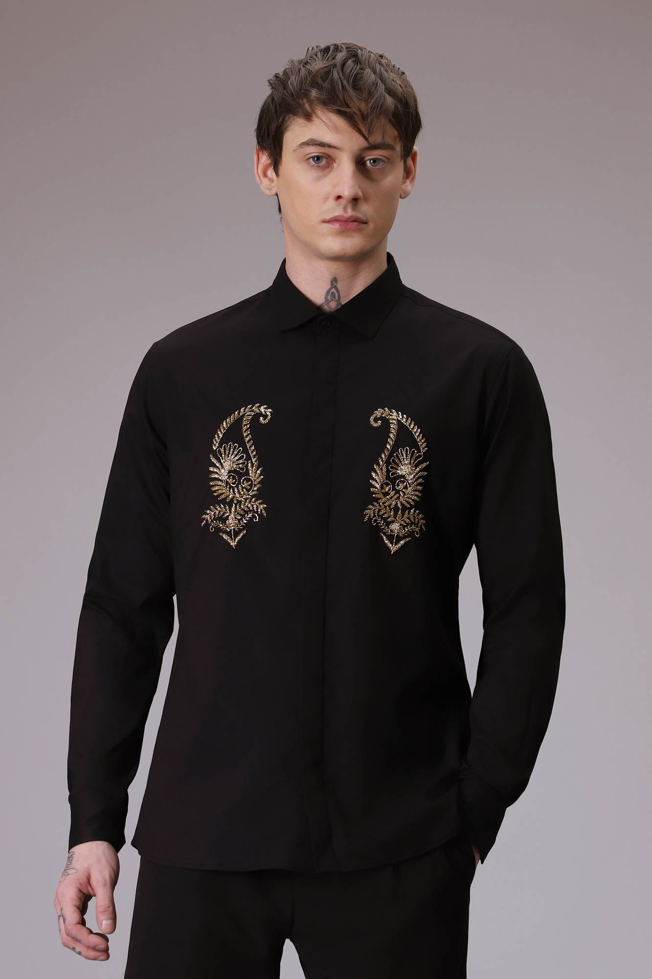 Paisley hand embroidered designer shirt BLACK