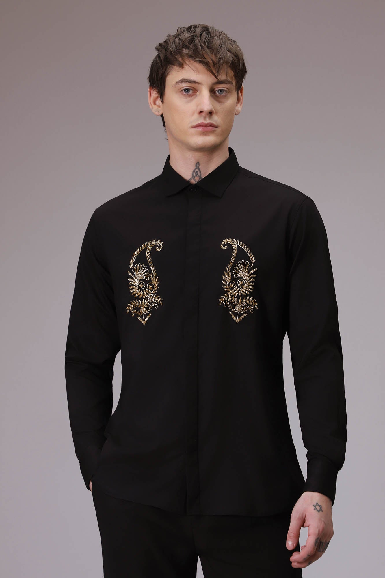 Paisley hand embroidered designer shirt BLACK