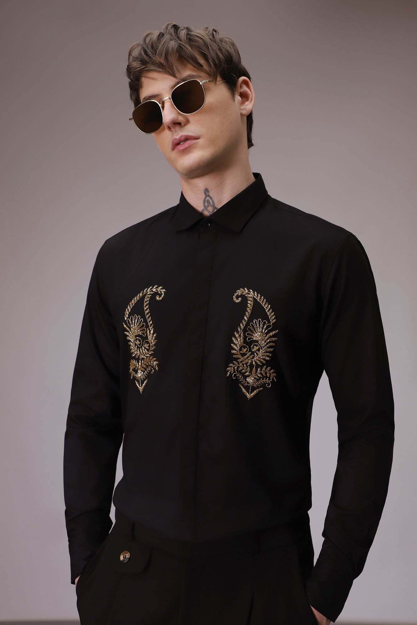 Paisley hand embroidered designer shirt BLACK