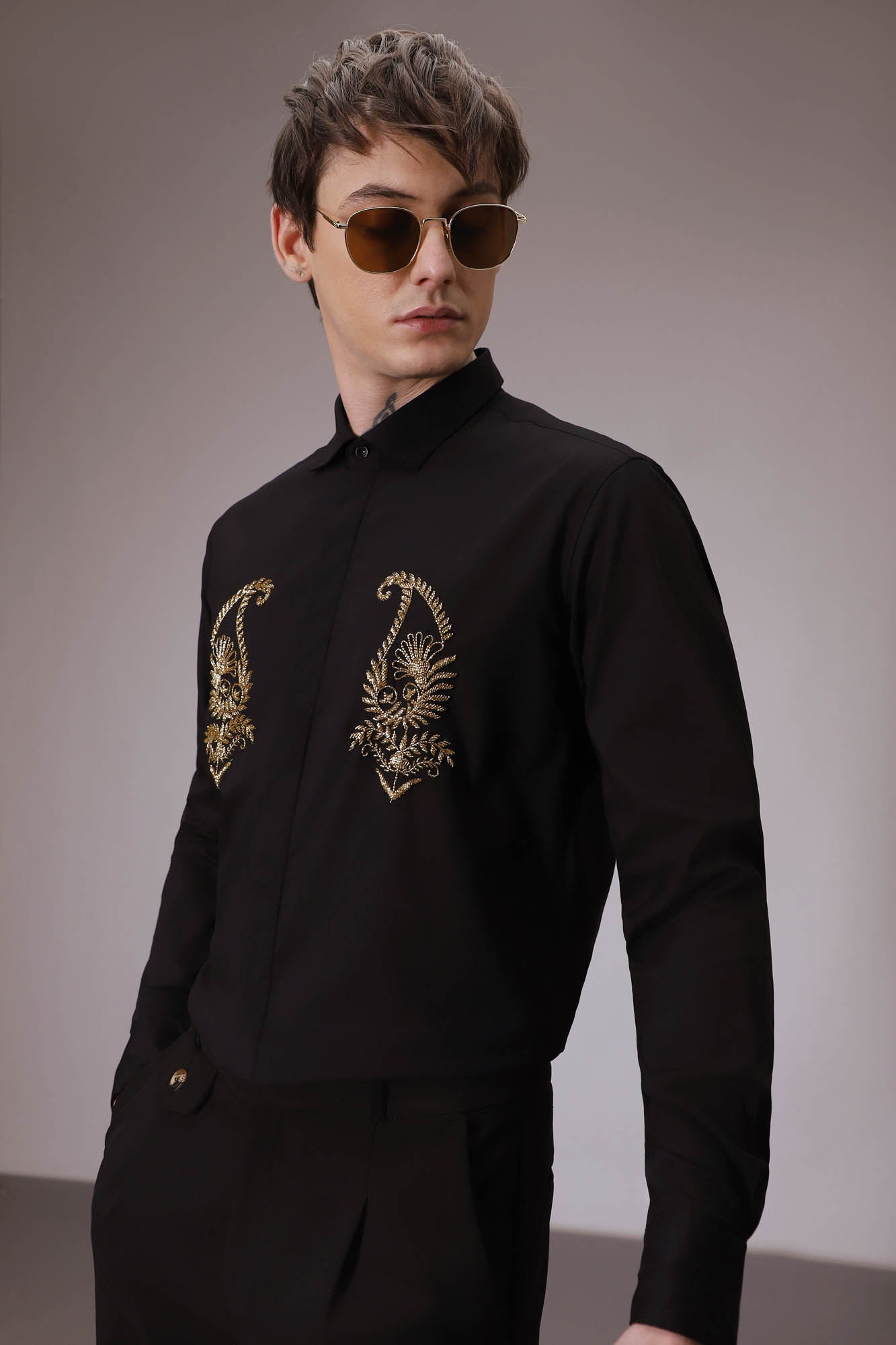 Paisley hand embroidered designer shirt BLACK