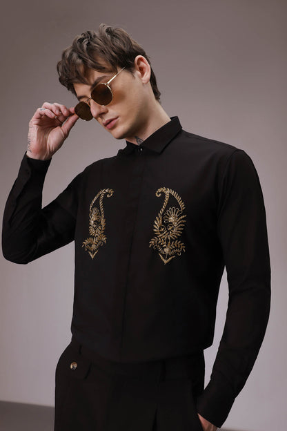 Paisley hand embroidered designer shirt BLACK