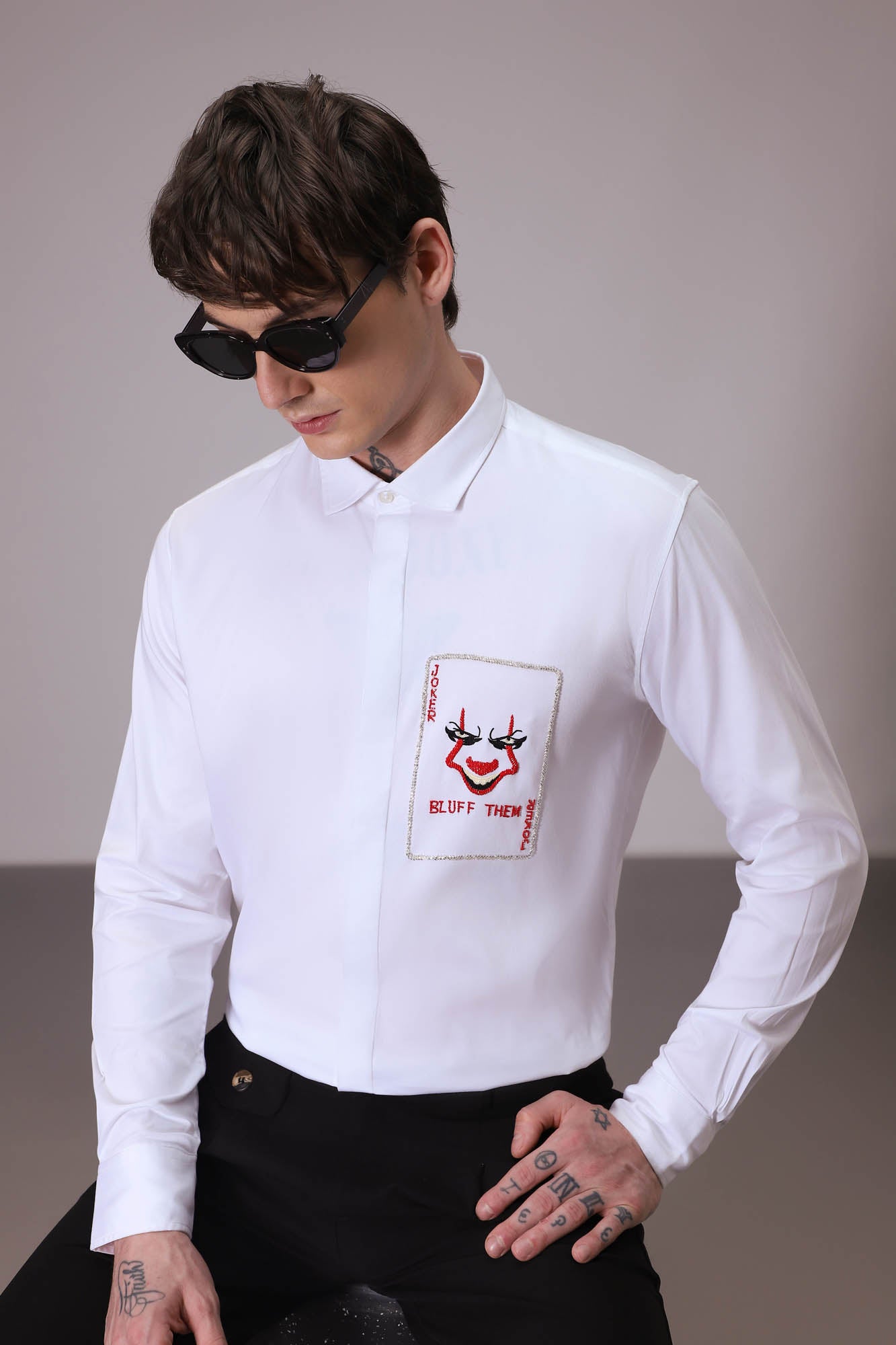 Bluff Them - Joker hand embroidered designer shirt - white