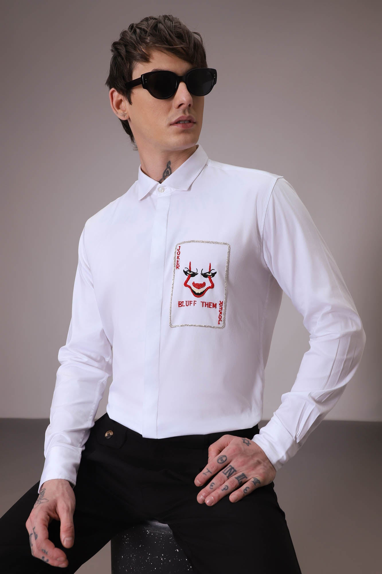 Bluff Them - Joker hand embroidered designer shirt - white