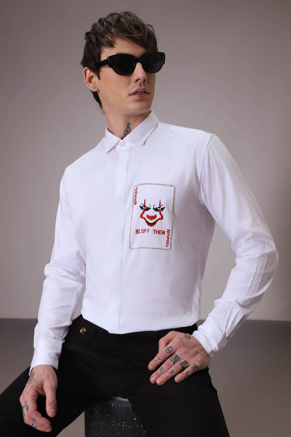 Bluff Them - Joker hand embroidered designer shirt - white