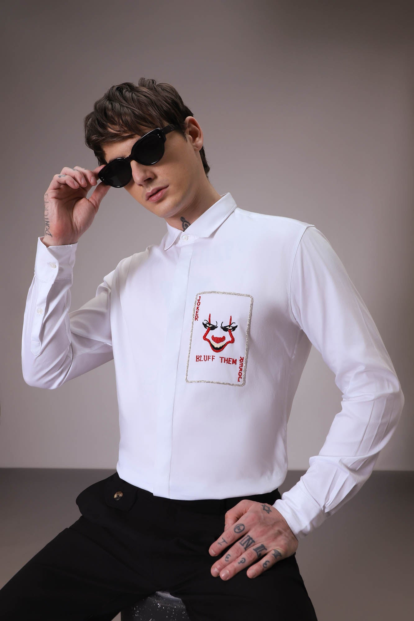 Bluff Them - Joker hand embroidered designer shirt - white