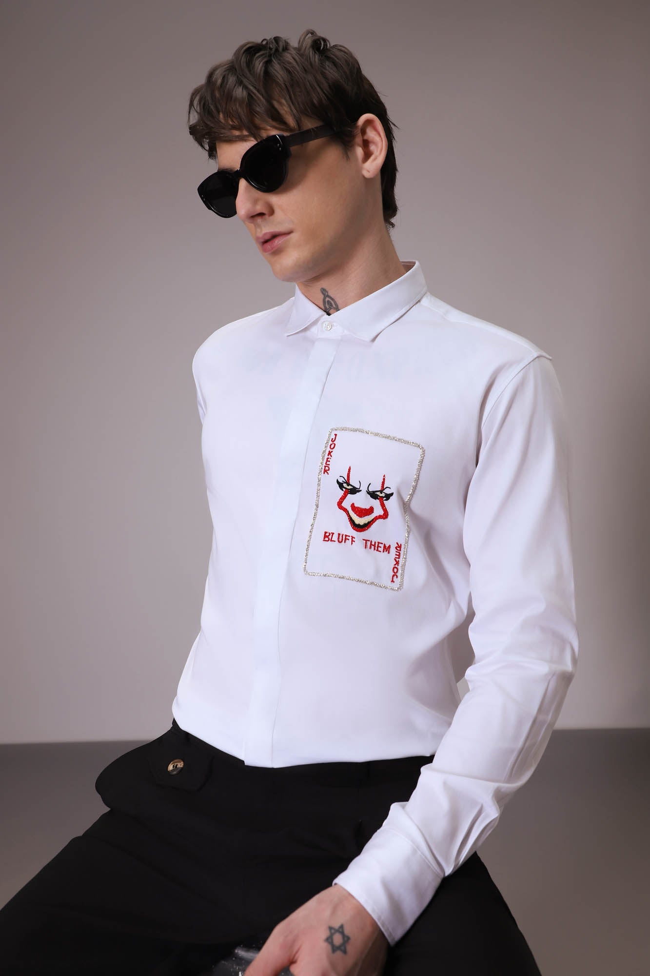 Bluff Them - Joker hand embroidered designer shirt - white