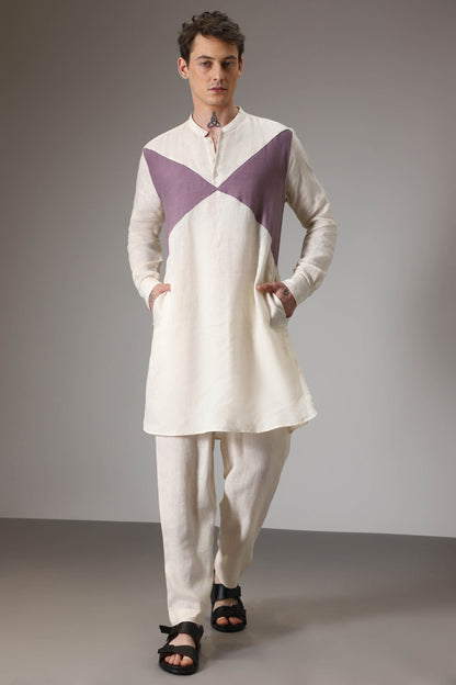 Lilac and ivory linen designer kurta set