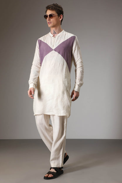 Lilac and ivory linen designer kurta set