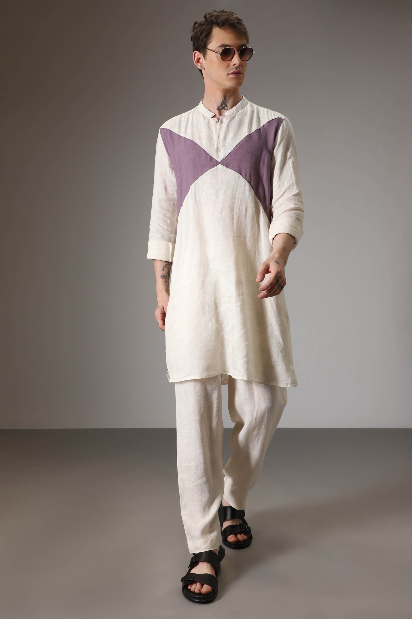 Lilac and ivory linen designer kurta set