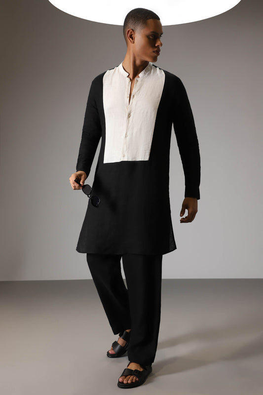 Black with Ivory designer linen kurta set