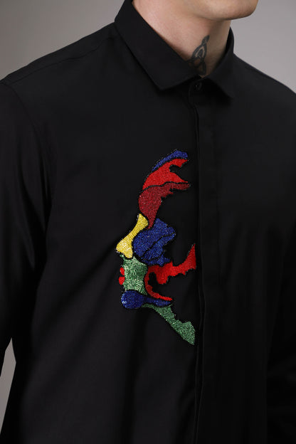 Abstract Face hand embroidered designer shirt - Black