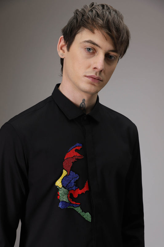 Abstract Face hand embroidered designer shirt - Black