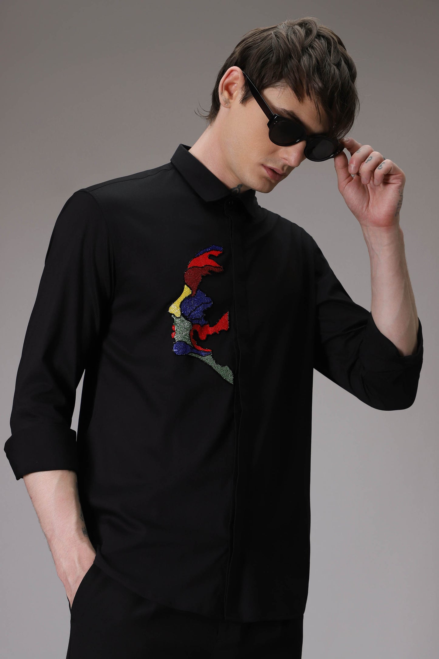 Abstract Face hand embroidered designer shirt - Black