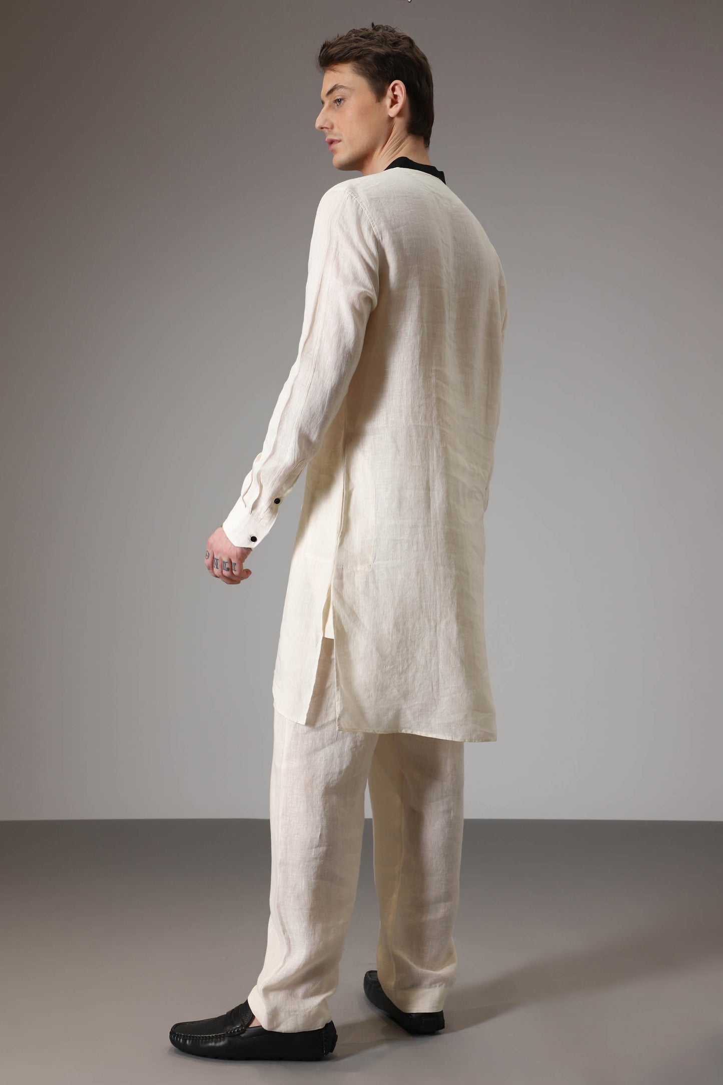 Ivory with black linen designer kurta set