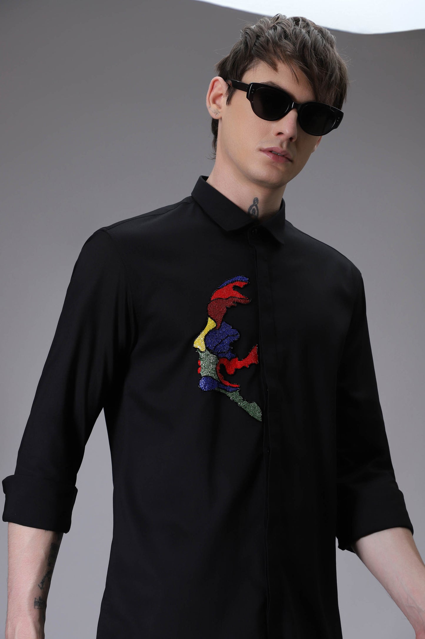 Abstract Face hand embroidered designer shirt - Black