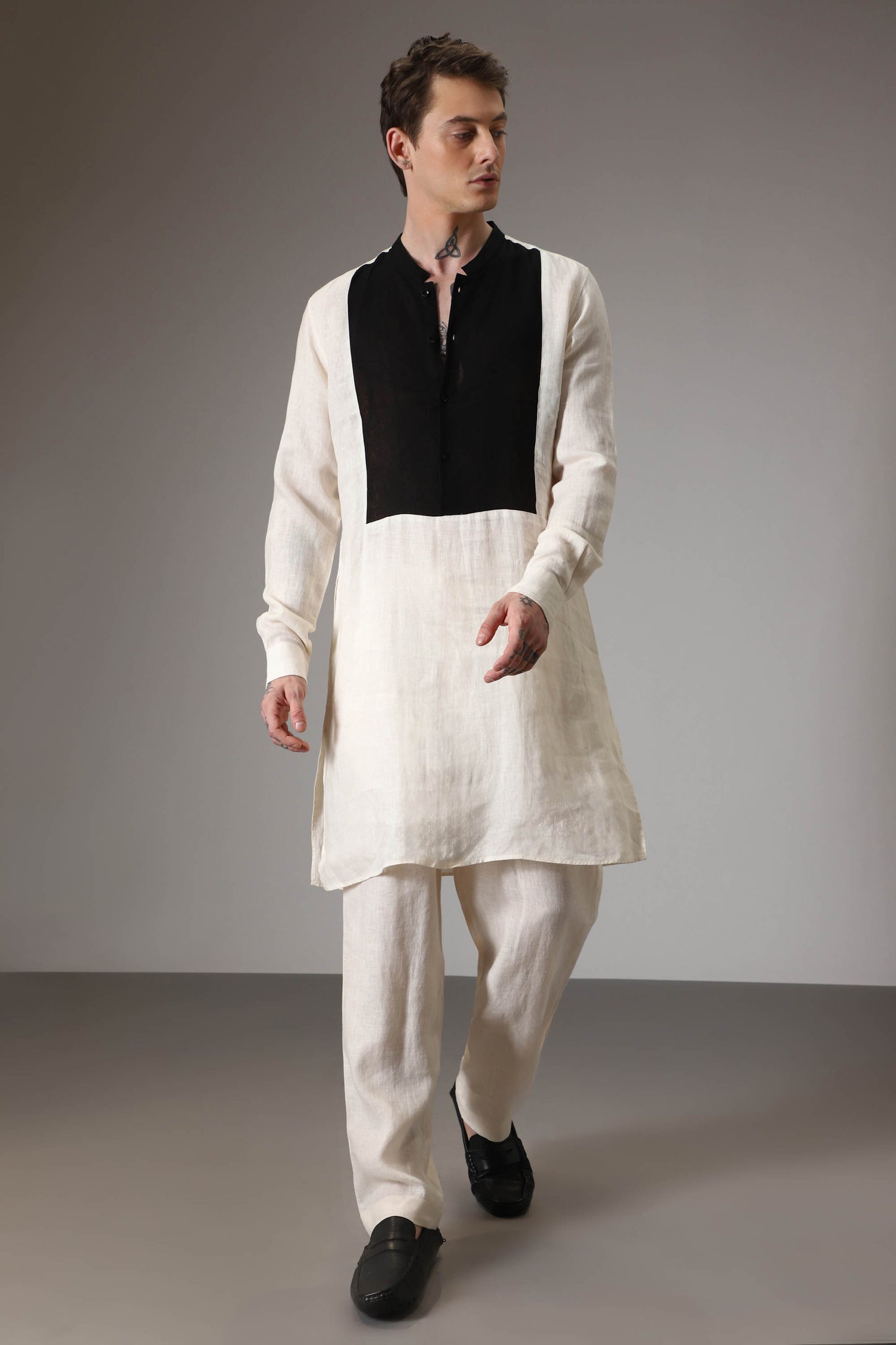 Ivory with black linen designer kurta set