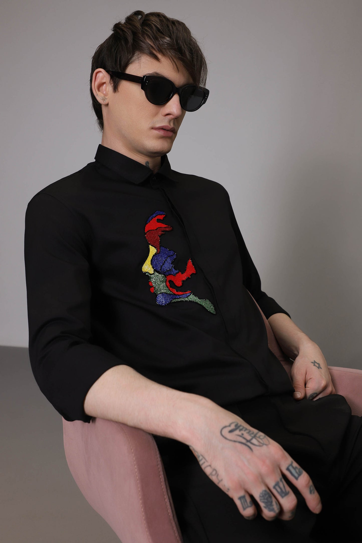 Abstract Face hand embroidered designer shirt - Black