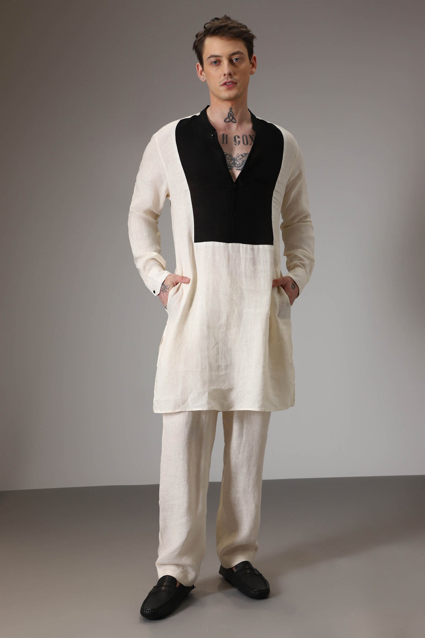 Ivory with black linen designer kurta set