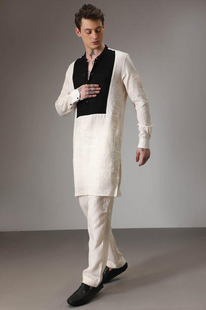 Ivory with black linen designer kurta set