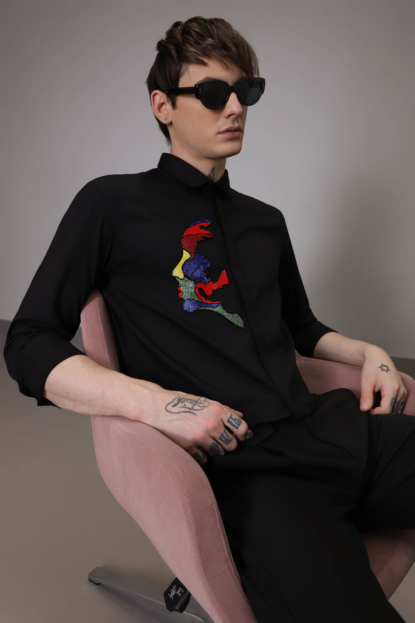 Abstract Face hand embroidered designer shirt - Black