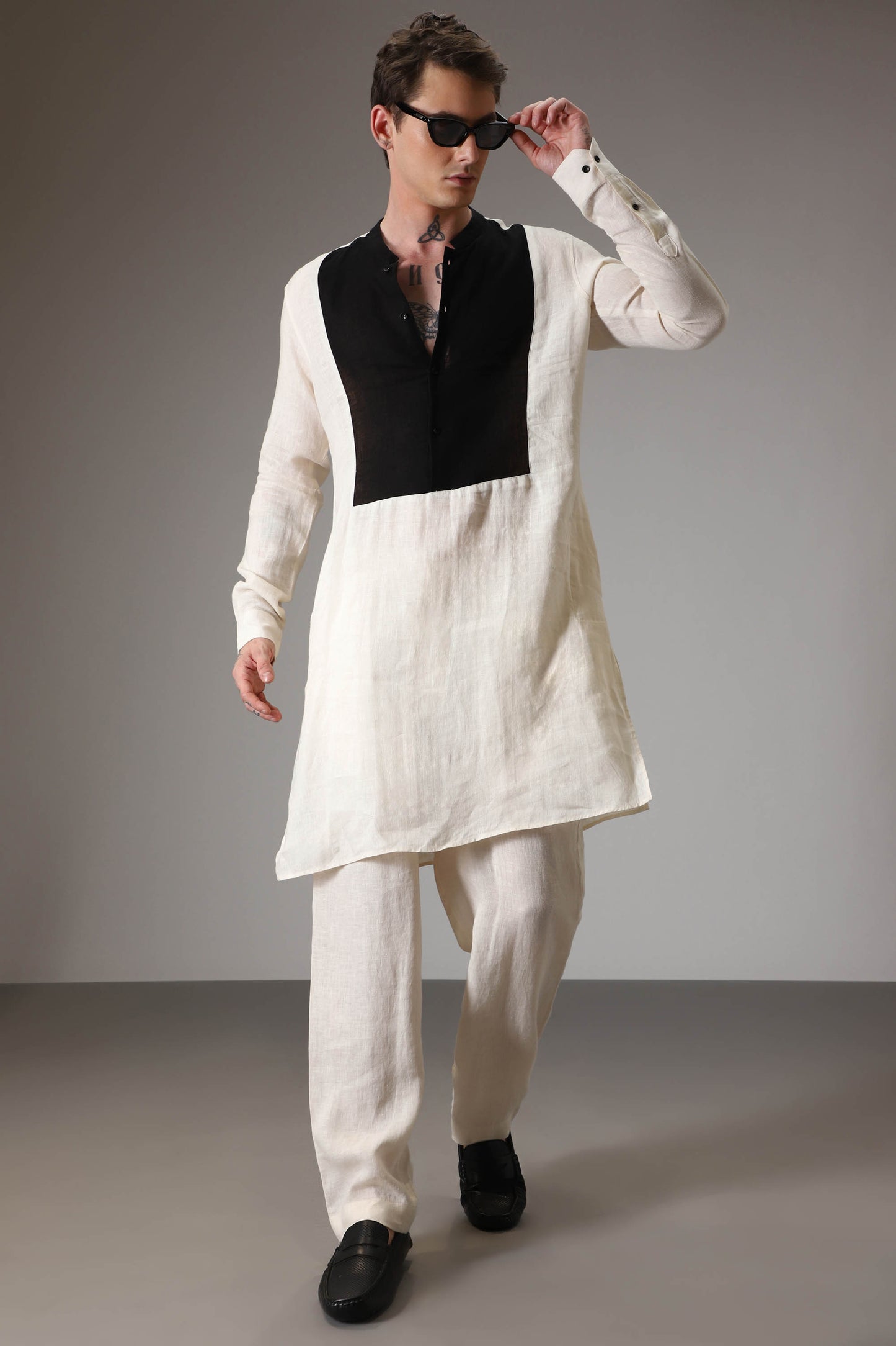 Ivory with black linen designer kurta set