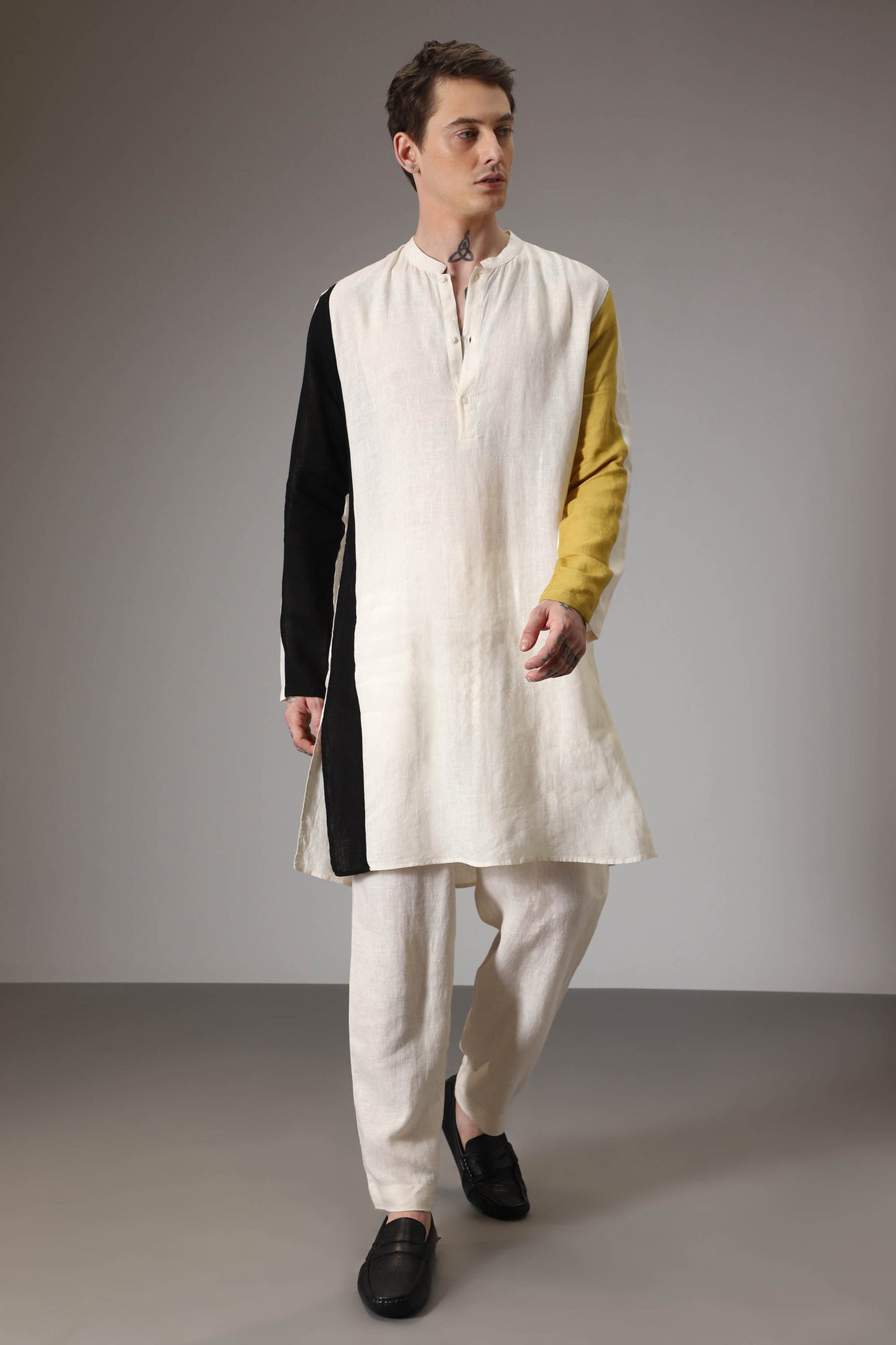 Black mustard and ivory linen designer kurta set