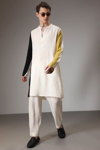 Black mustard and ivory linen designer kurta set