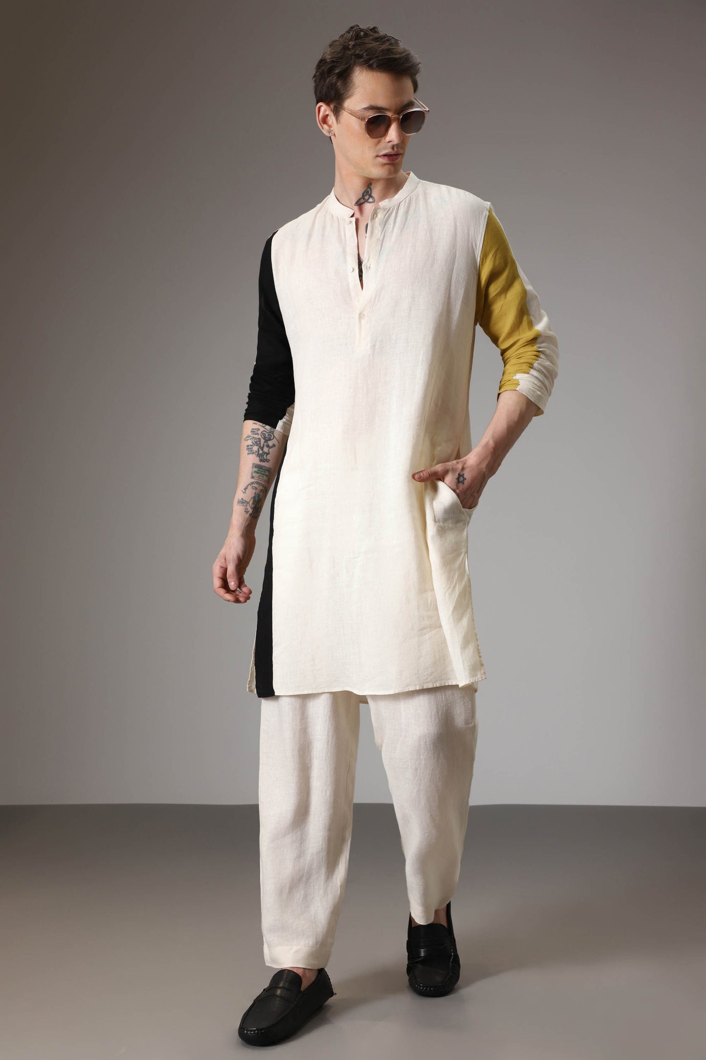 Black mustard and ivory linen designer kurta set