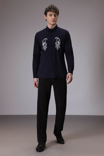 Paisley hand embroidered designer shirt  Navy