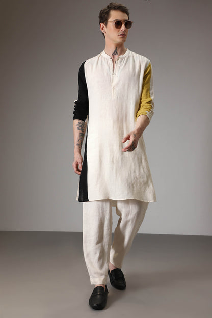 Black mustard and ivory linen designer kurta set