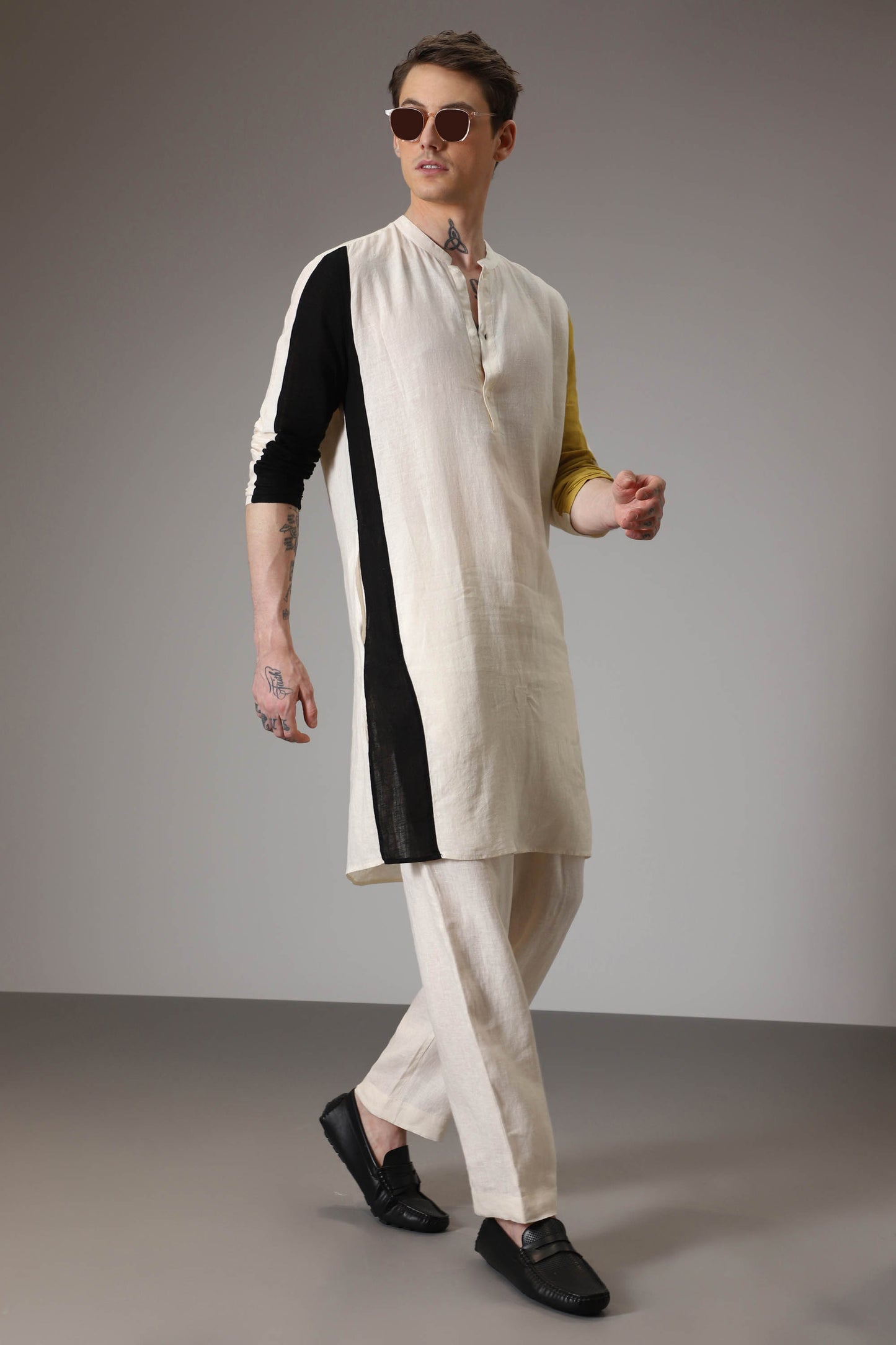 Black mustard and ivory linen designer kurta set